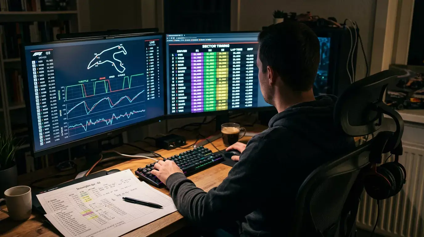 Geconcentreerde persoon analyseert F1-data op meerdere schermen in een werkkamer